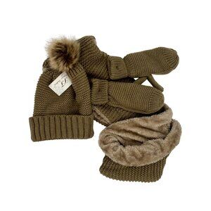 NWT Taupe 3 Piece Winter Faux Fur Lined Cozy Pom Pom Beanie Hat Infinity Scarf &